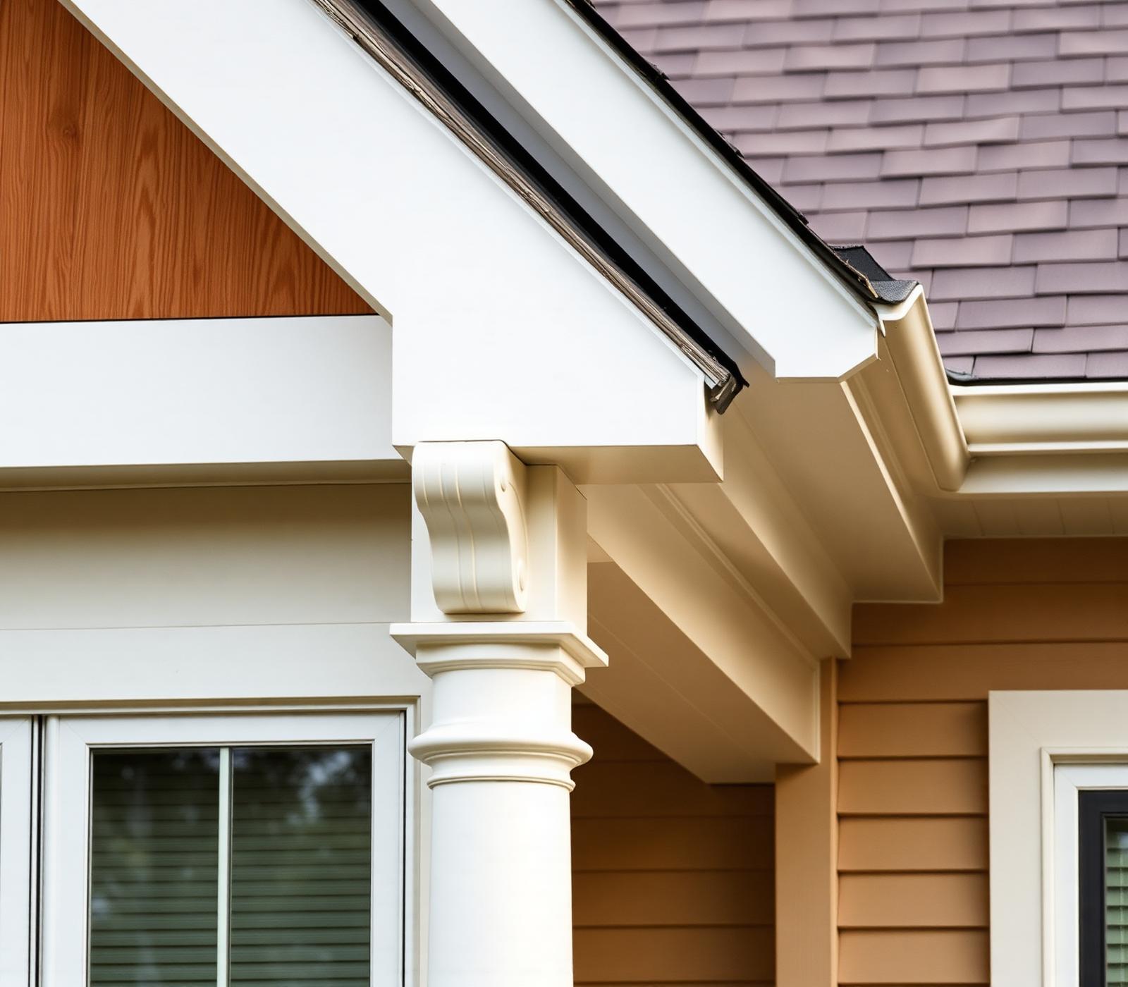 Residential home roof eave with cedar shakes, gutter, and painted corbel bracket