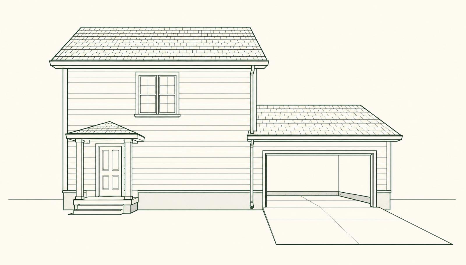 Line-drawing elevation of a two-story house with an attached garage, showing the roof, gutter, windows, foundation, garage floor, and driveway apron.